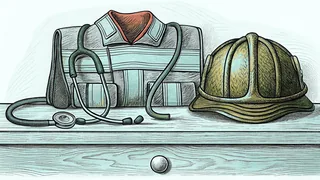 A stethoscope, a firefighter's helmet and a pilot's cap laid out on a workshop bench.