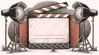 A blank clapper board and professional tripod lighting rig occupy a film set against a dark backdrop.