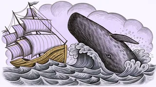 A magnificent whale breaching stormy seas near an ancient sailing ship on waves.
