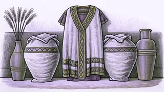 A multicolored robe displayed near sacks of grain in an ancient Egyptian palace setting.