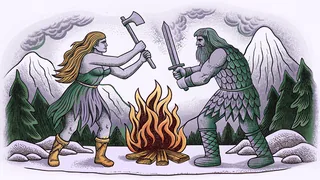 Mythical giants battle across icy peaks and fiery volcanic landscapes.