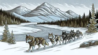 A dog sled team races across snow-covered ground with mountains looming.
