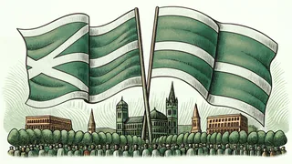 A jubilee parade celebration with community gathered and decorations.