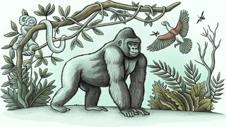 Jungle scene featuring a gorilla, gibbon, python, and flying macaw.