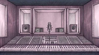 A modern recording studio with a microphone, mixing console, and acoustic treatment panels.