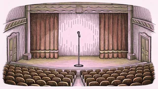 A glowing pink lightstick and a microphone stand wait on an empty concert stage.