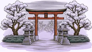 A traditional red Shinto gate with stone guardians in a misty forest setting.