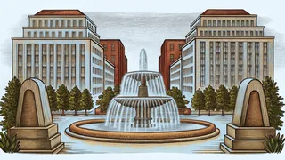 Grilled steak and ribs beside flowing fountains.