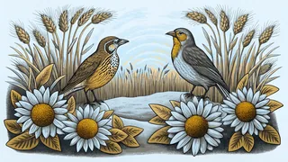 Sunflowers and wheat fields beneath flying meadowlarks.