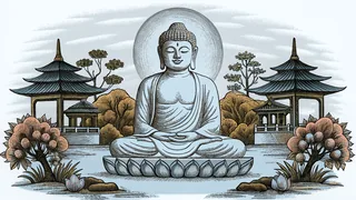 A monumental Buddha statue stands amid fragrant lotus flowers and ornate temples