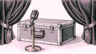 A chrome microphone on a stand beside a metal flight case, framed by draped curtains.