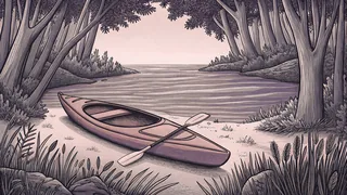 A red kayak lies on sandy beach with paddle nearby, facing calm blue water.