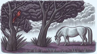 A horse grazes in bluegrass while a cardinal flies overhead.