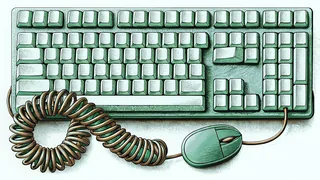 A mechanical keyboard with entirely blank keycaps, a mouse and coiled cable.