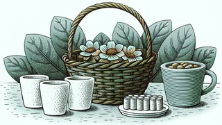 A woven basket of white flowers stands beside three nesting cups and a mug of round wooden beads.
