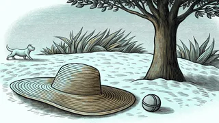 A dog and cat play in a sunlit scene with a tree, ball, and hat.