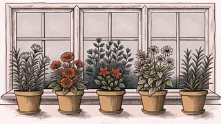 Herbs and colorful flowers grow in terracotta pots on a sunny windowsill with green foliage.