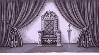An ornate gold throne with a jeweled sword in an ancient palace