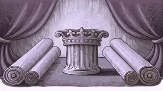 Ancient manuscripts and a crown resting on weathered stone