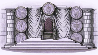 Historic royal insignia and coins arranged with a golden throne ornament