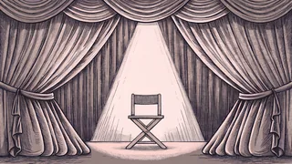 A director's chair faces a stage, bathed in warm spotlight light against a burgundy velvet curtain.