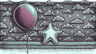 A puffy pink balloon toy and star cushion floating among pastel clouds.