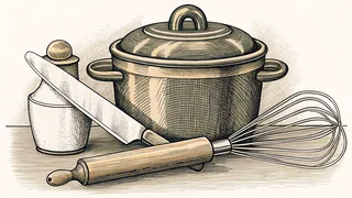 Chef's knife and whisk next to a polished saucepan on a wooden kitchen counter.