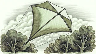 A diamond-shaped kite soars high against a windy spring sky.