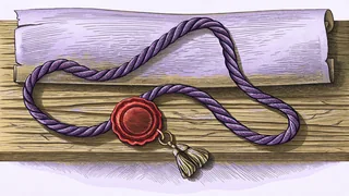 A wax seal with a cord and tassel resting on oak, against a blank rolled scroll.