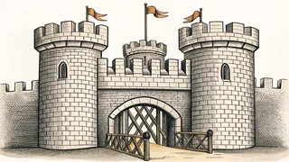 Armored knight carrying a lance stands guard before a castle with a drawbridge spanning a wide moat.