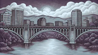 A scenic mountain landscape with a bridge spanning a river below forested slopes.