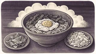 A steaming bowl of bibimbap with kimchi and grilled bulgogi.
