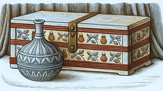 A pale celadon vase standing on a decorated wooden chest, against a striped backdrop.