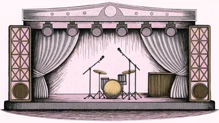 A concert stage glows with lights, a microphone, and instruments for performance.