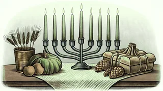Seven glowing candles standing in a ceremonial holder surrounded by harvest crops and wrapped gifts.
