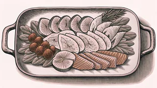 Spanish meats and seafood arranged on a wooden cutting board