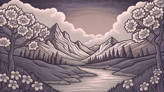 A diverse natural landscape featuring mountains, water, forest, and blooming flowers.