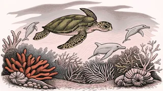 Underwater life on a coral reef with sea turtles, dolphins, and colorful fish.