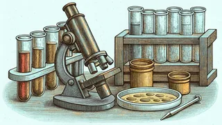A microscope sits beside racked test tubes and a petri dish holding a cultured sample.