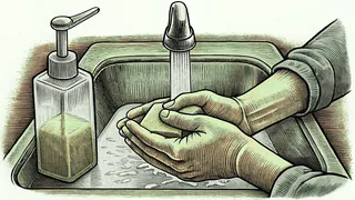 Hands washing under running water with soap and hand sanitizer bottles nearby