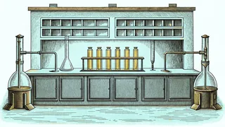 A chemistry lab setup with beakers, a burner, and glowing test tubes.
