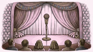A jeweled microphone stands on a concert stage surrounded by dramatic purple and blue stage lighting.
