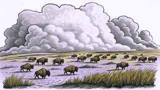 A powerful bison herd thunders across windswept grasslands under churning clouds.