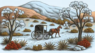 An Amish horse-drawn buggy travels through arid desert terrain near flower gardens