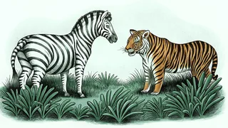A zebra and tiger standing together in savanna grassland.