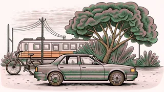Various land vehicles including a taxi, bicycle, bus, and train in an urban setting.