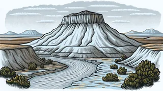 A volcano and flat-topped mesa rise above a winding canyon where a river delta meets the sea.