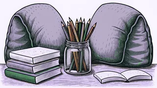 A jar of colored pencils sits on a wooden desk beside a cozy reading nook.