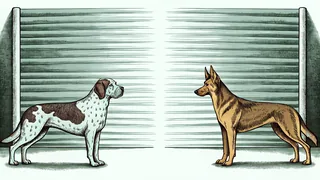 Three large dog breeds together: a German shepherd, Great Dane, and Saint Bernard.