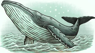 A colossal blue whale breaching from the ocean at night.